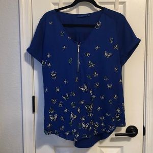 Apt 9 Blue Blouse and Green and White Butterflies and Zipper